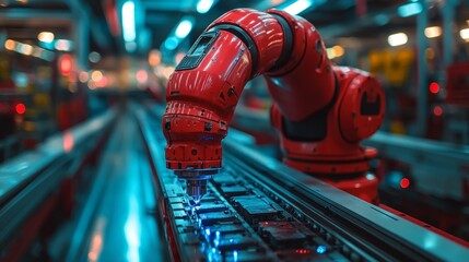 A red robotic arm skillfully assembles small components in a bustling factory
