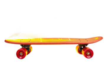 PNG Fiery orange skateboard with dynamic flame trail and red wheels on white background
