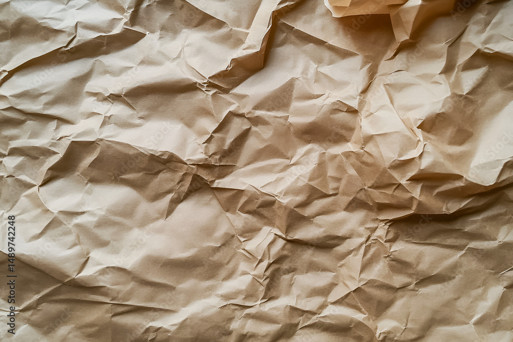 Poster close up textured surface of crumpled kraft paper in brown tones creating a natural background or ar