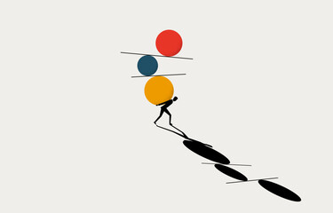 Businessman trying to balance balls on his back, struggle for work life balance, concept, minimal business design.