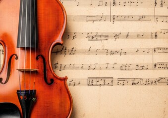 Naklejka premium Close-Up of a Wooden Violin on Vintage Sheet Music Background