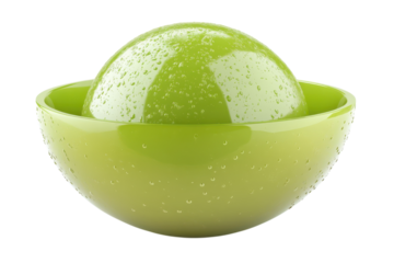 A refreshing moment of zen as a sphere rests gently in a lime green bowl adorned with dewdrops on transparent background