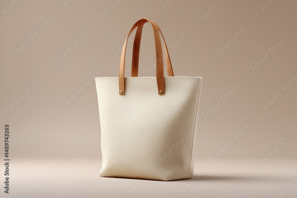 Poster minimalistic composition of single reusable grocery bag on neutral background with ample copy space
