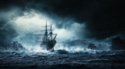 Obraz premium Battling the storm a ship's struggle against nature's fury at sea dark atmosphere dramatic viewpoint