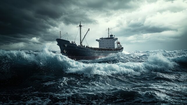 Stormy sea adventure cargo ship battling waves ocean dramatic scene rough weather aerial view survival theme
