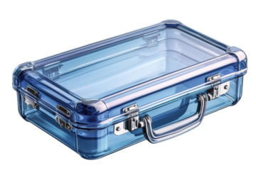 A sleek futuristic briefcase shimmering in transparent blue ready for carrying secret tech or on transparent background