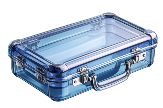 A sleek futuristic briefcase shimmering in transparent blue ready for carrying secret tech or on transparent background