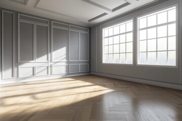 Fototapeta premium Empty, sunlit room with elegant gray paneling and hardwood floors