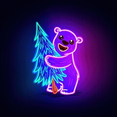 Happy Purple Neon Bear Embraces Teal Christmas Tree