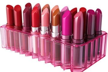 A spectrum of vibrant lipsticks ready to brighten your smile nestled in a trendy pink on transparent background