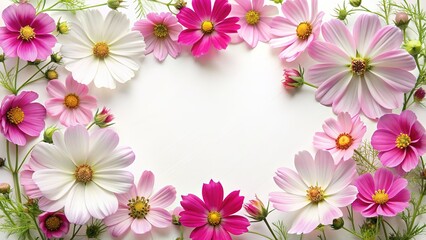 Floral Arrangement of Pink and White Cosmos Flowers with a Blank White Space