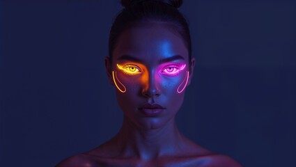 Neon face paint glowing in the dark on plain dark background