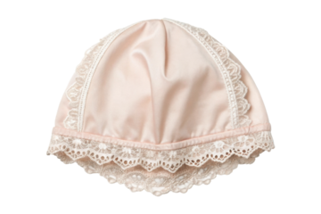 PNG Vintage pink satin baby bonnet with lace trim