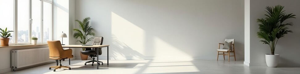 Clean minimalist office, large empty banner for branding, sign, white, workspace