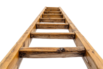 A weathered wooden ladder reaches upwards symbolizing aspiration and growth against a stark on transparent background