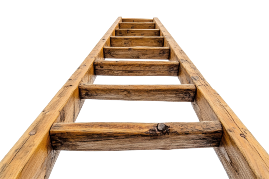 A weathered wooden ladder reaches upwards symbolizing aspiration and growth against a stark on transparent background
