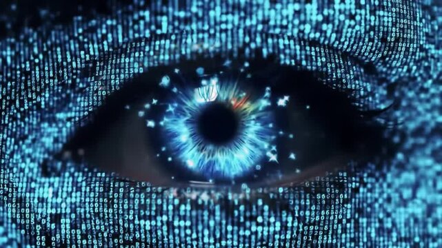 This captivating visual showcases a vibrant blue eye overlaid with a pattern of binary code, representing the fusion of technology and human perception.