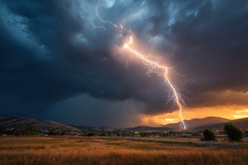 Lightning strike over rural landscape at sunset