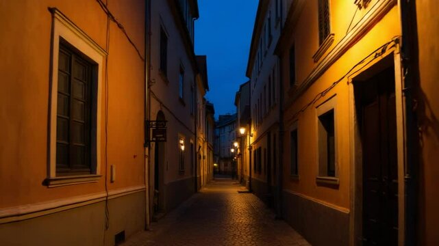 A narrow cobblestone street with buildings on both sides at night in the city