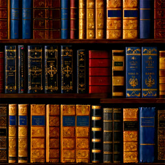 An elegant bookshelf displaying a collection of antique leather bound books and volumes