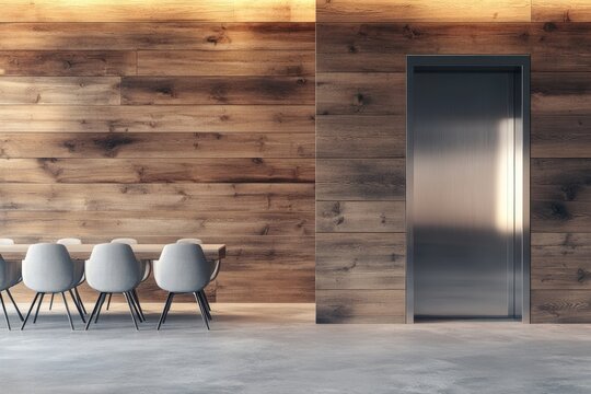 Modern dining area with wood paneling and elevator