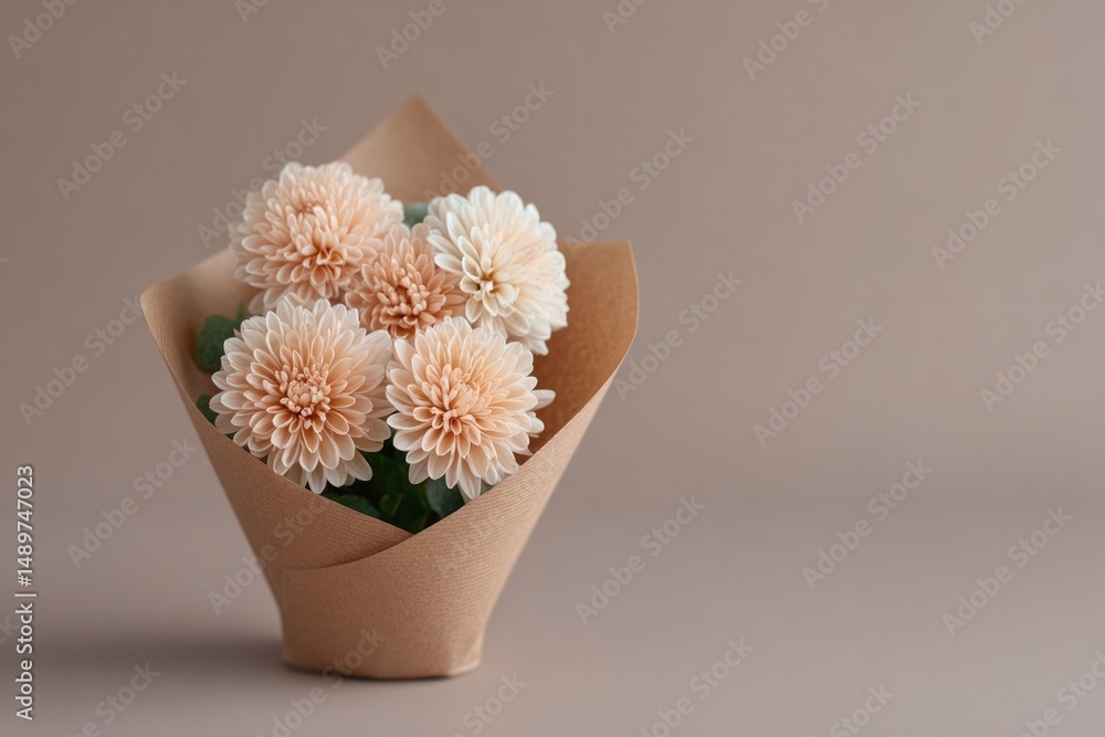 Poster minimalistic image featuring flower bouquet in simple packaging on neutral background with ample cop