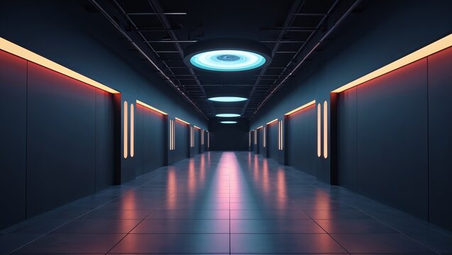 Parallel universe hall glowing in the dark on plain dark background