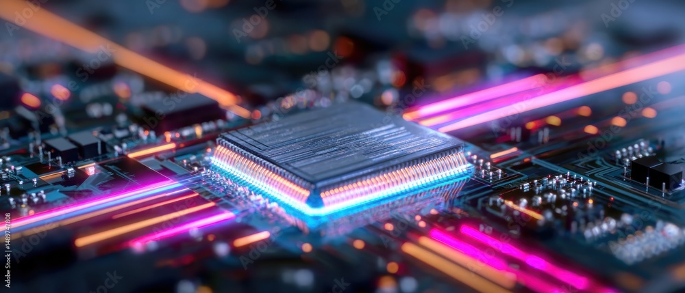 Poster glowing processor chip on circuit board