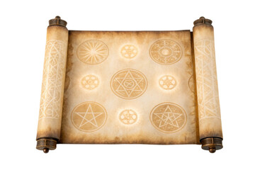 PNG Ancient scroll with magical symbols on rolled parchment