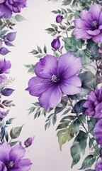 Vibrant purple watercolor flowers and leaves, rich texture , illustration, art