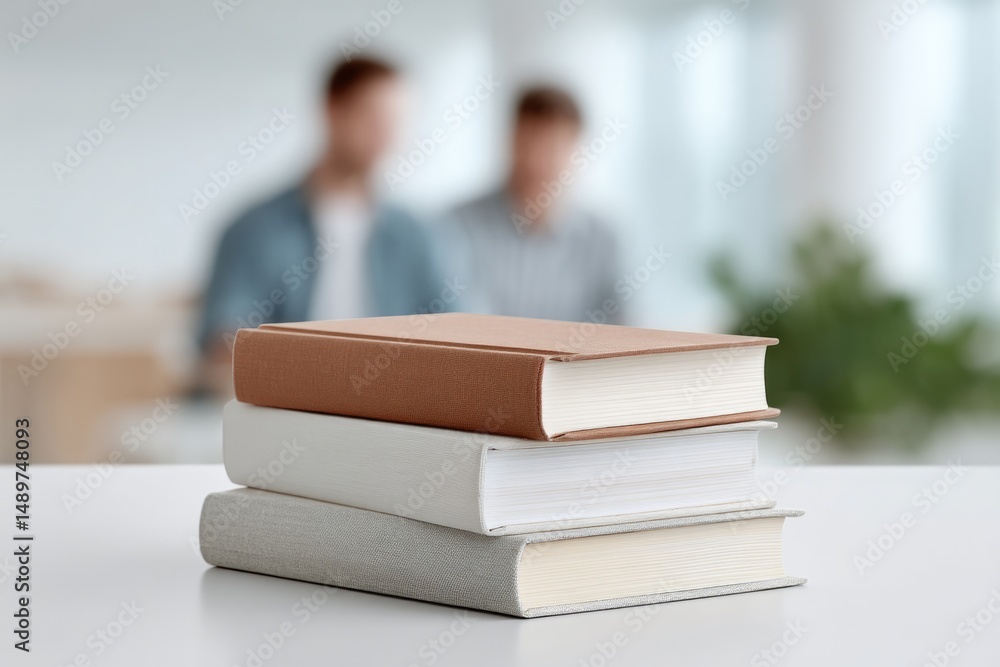 Poster minimalistic image of university textbooks stacked on library table with blurred students in backgro