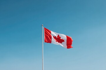minimalistic image of canadian flag gracefully fluttering against deep blue sky plenty of clean copy space above