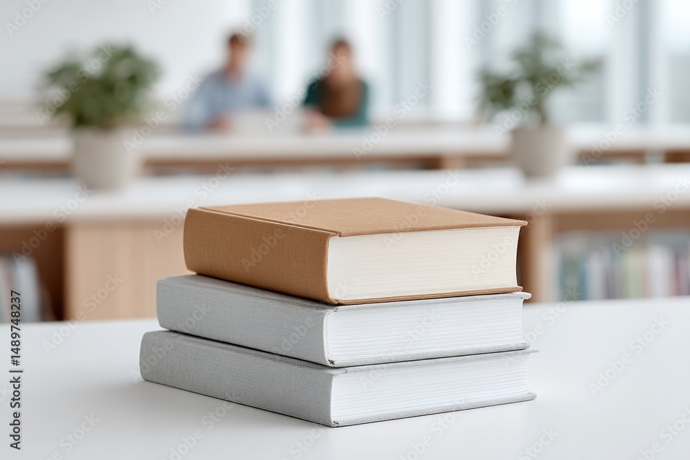 Poster minimalistic image of university textbooks stacked on library table with blurred students in backgro