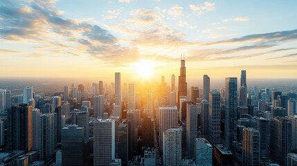 Fototapeta premium Stunning city skyline illuminated by warm sunrise, showcasing modern architecture and vibrant