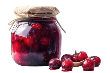 Homemade cherry jam preserves the warmth and sweetness of summer days with a classic jar on transparent background