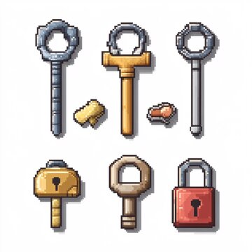 Pixel art lockpick tool set, white background