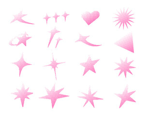 Pixel Gradient Halftone Shape Collection. A complete collection of pixel gradient halftone elements including stars sparkles heart and abstract shapes. Perfect for UI overlays digital assets