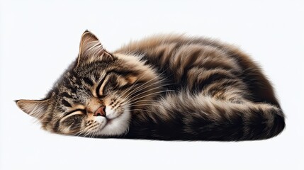 A serene tabby cat sleeps soundly lost in peaceful dreams against a crisp clean background with bright even