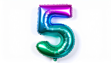 Inflatable multicolored neon number 5, five. Minimalistic balloon isolated on white background.