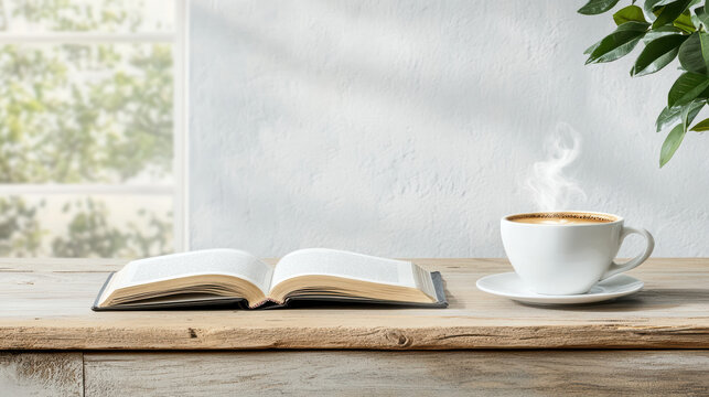 Cozy indoor scene featuring steaming cup of coffee beside open book wooden table, creating warm - Powered by Adobe