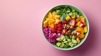 Fresh fruit salad with vibrant colors and healthy greens