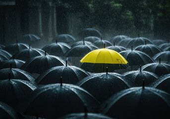 A bright yellow umbrella shines in the rain, standing out from a sea of dark umbrellas.