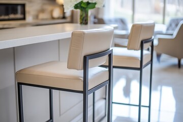 Modern kitchen bar stools with light beige upholstery and black metal frames.