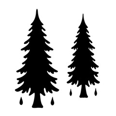 Pine trees with raindrops black silhouette vector illustration