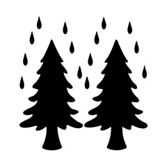 Obraz premium Coniferous trees in rain black silhouette vector illustration