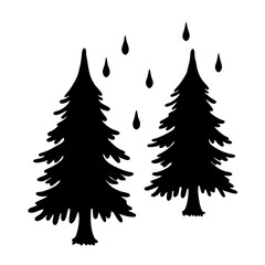 Obraz premium Rain-covered evergreen trees black silhouette vector illustration