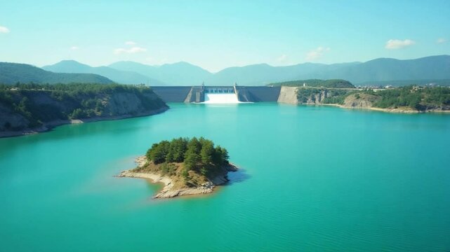 Turquoise lake with a dam holding back the water. A small island is in the middle of the lake. The camera is slowly panning from left to right