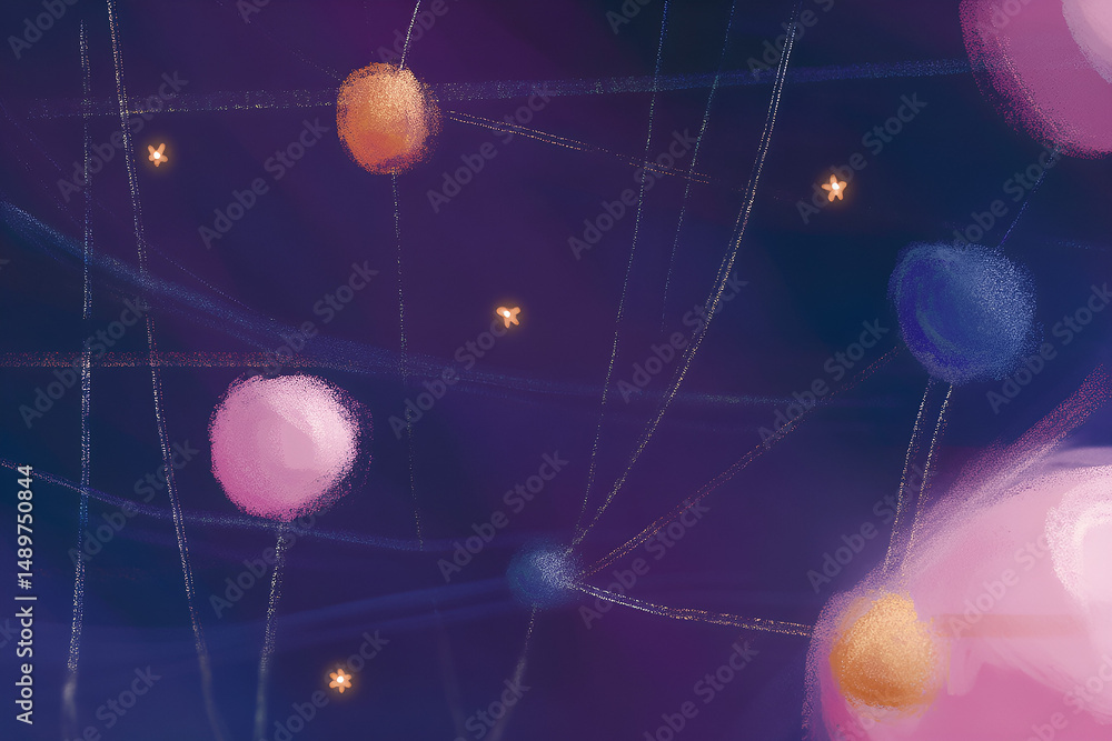 Poster abstract digital art depicting celestial bodies including stars and planets with connected lines and