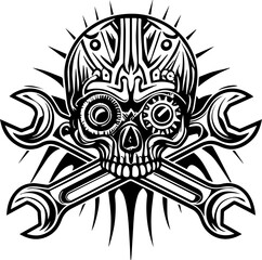 SVG illustration of a mechanical skull. Intricate Skull Design with Decorative Scythe Element