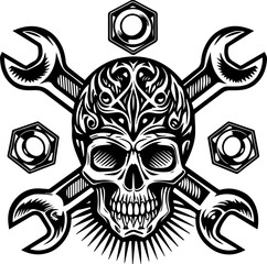 SVG illustration of a mechanical skull. Intricate Black and White Gas Mask with Tribal Design